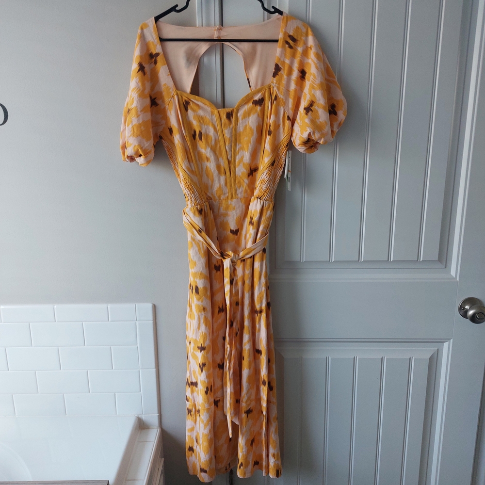 Sam Edelman Yellow Floral Puff-Sleeve Midi Dress with Waist Tie